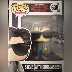 Funko Pop Stranger Things Steve with grey jacket, jeans and sunglasses. #638